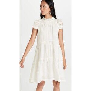 Sea NY Waverly Dress Sz 12 White Tier Flutter Sleeve Cotton Knee Length No Slip